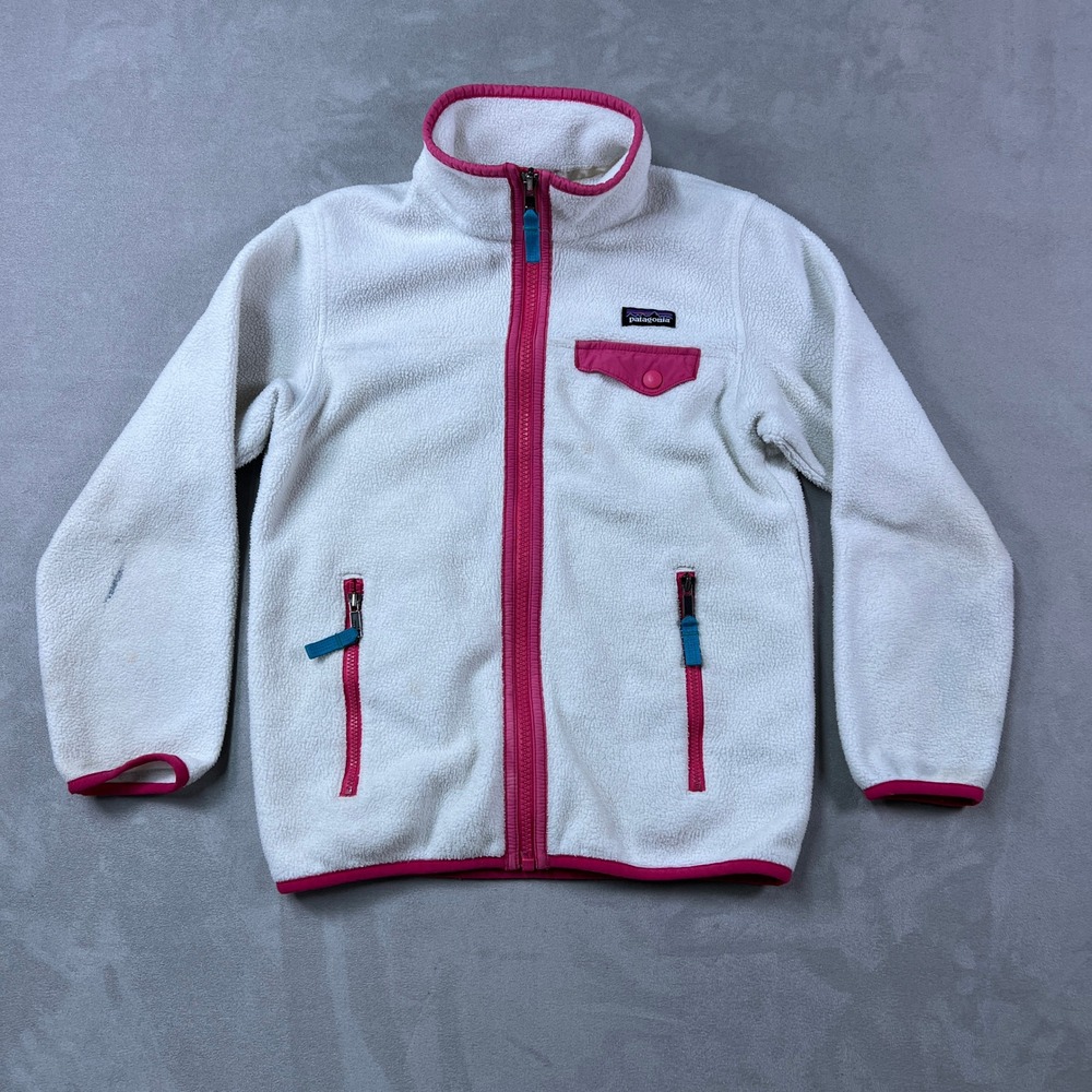 Patagonia Synchilla Snap T Full Zip Jacket Girls Small White Pink Fleece Outdoor